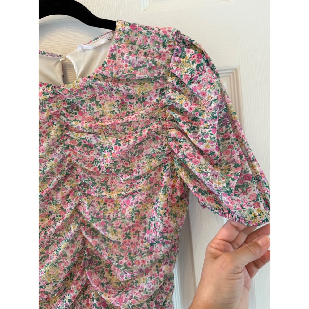 MNG Mango Floral Ruched Puff Sleeve Top Pink Cottagecore Coquette M - Picture 3 of 7